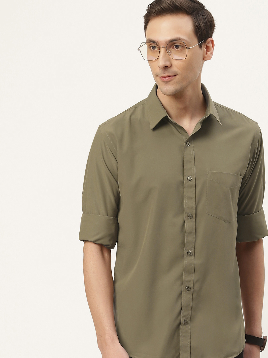 Olive Green Slim Fit Men's Long Sleeves Casual Shirt by Being Human Clothing