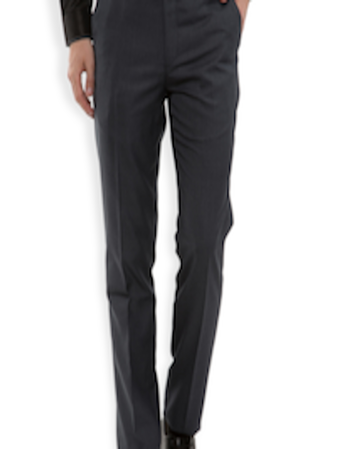 Buy Black Coffee Men Charcoal Grey Solid Flat Front Trousers - Trousers ...
