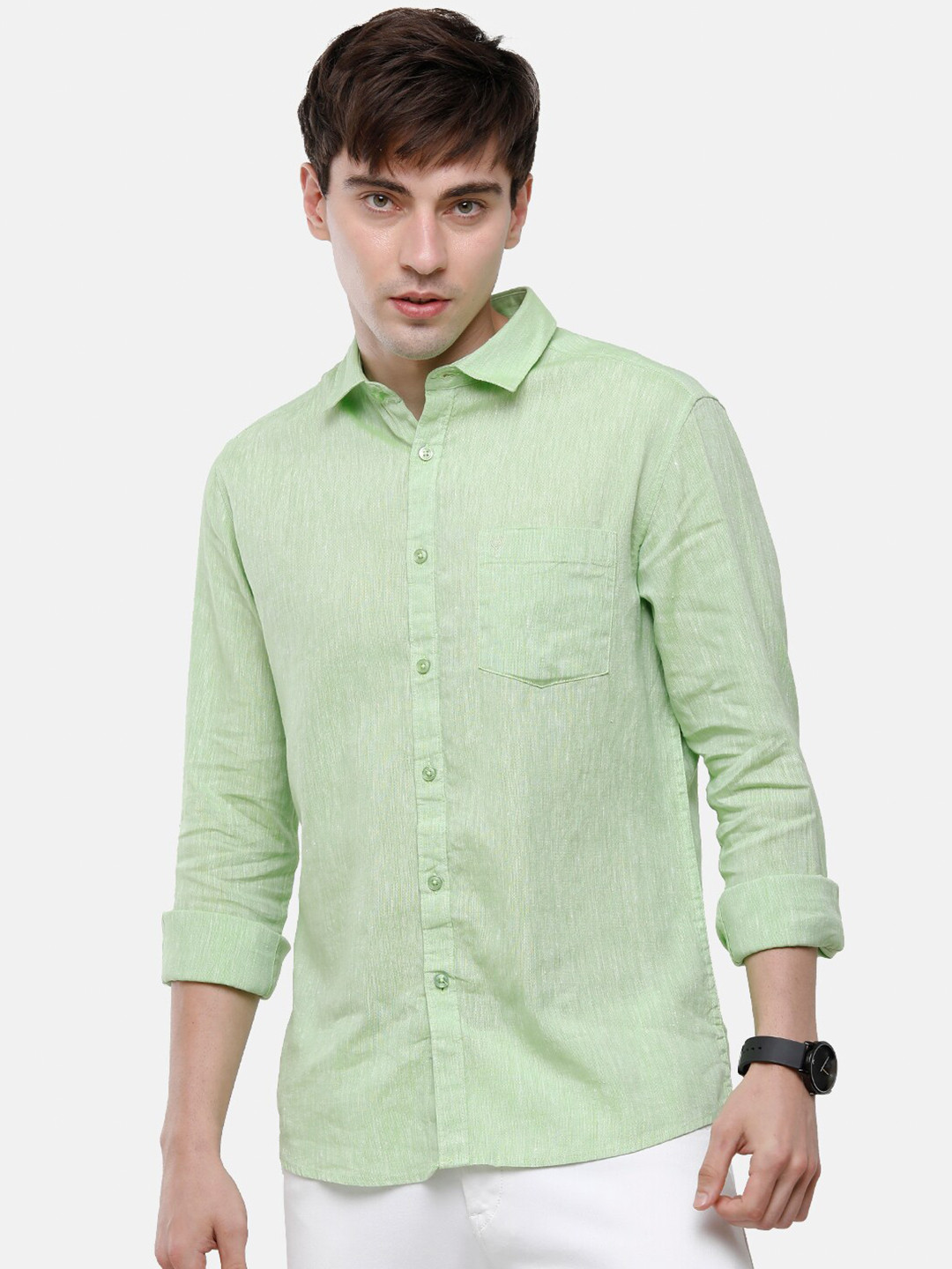 Buy Classic Polo Men Green Slim Fit Cotton Linen Casual Shirt Shirts