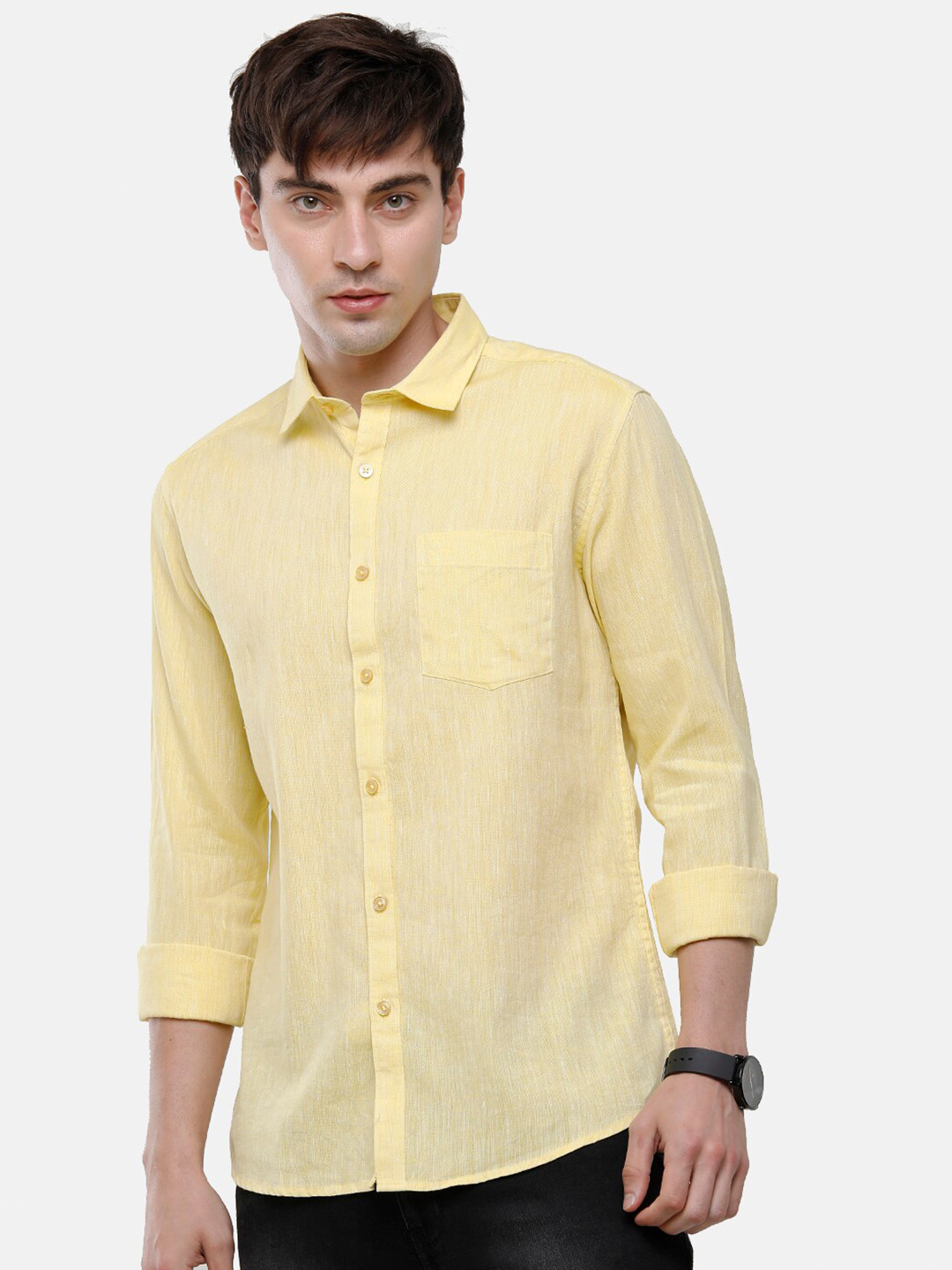 Buy Classic Polo Men Yellow Slim Fit Cotton Linen Casual Shirt Shirts