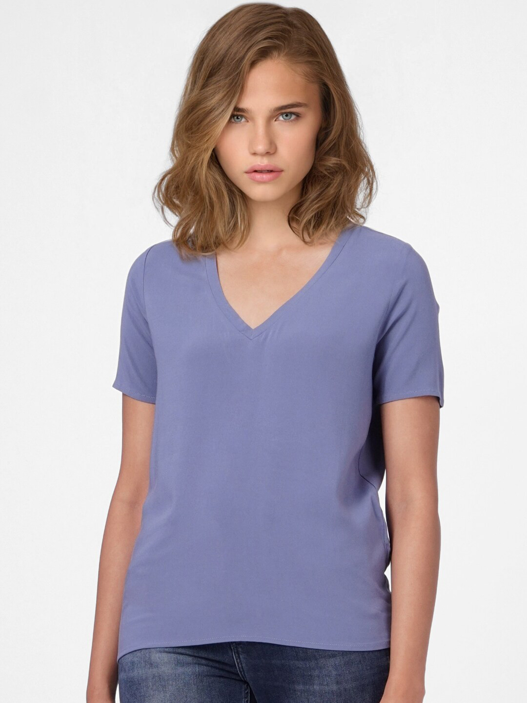 Buy ONLY Women Blue V Neck Pockets T Shirt - Tshirts for Women 16774064 ...