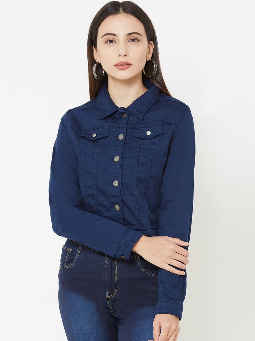 Buy Kraus Jeans Women Navy Blue Crop Denim Jacket Jackets for Women