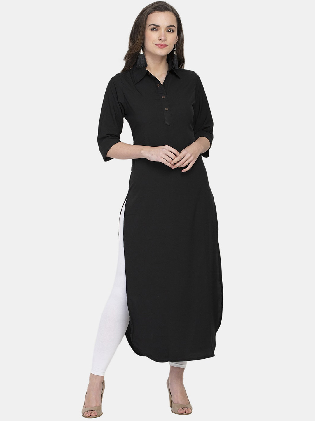Buy Sayesha Women Black Solid Shirt Collar Crepe Kurta Kurtas for