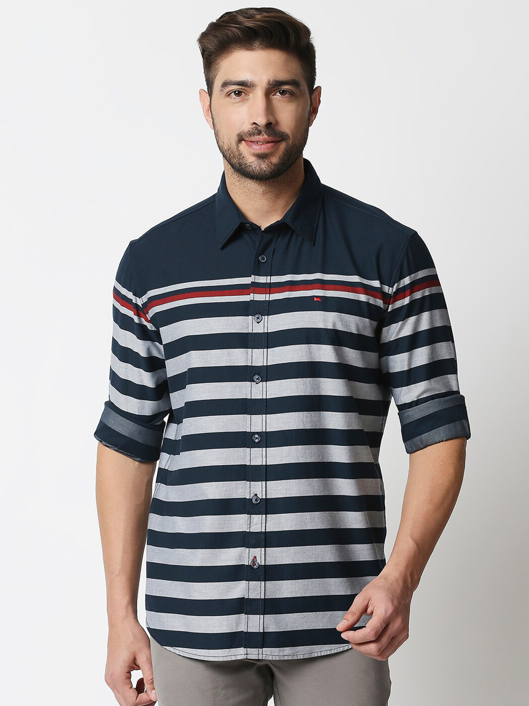 Men's Grey Horizontal Stripes Casual Shirt