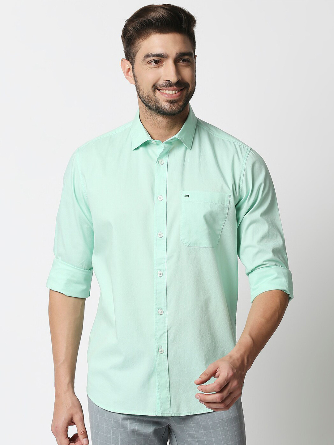 Buy Basics Men Sea Green Solid Slim Fit Cotton Casual Shirt Shirts
