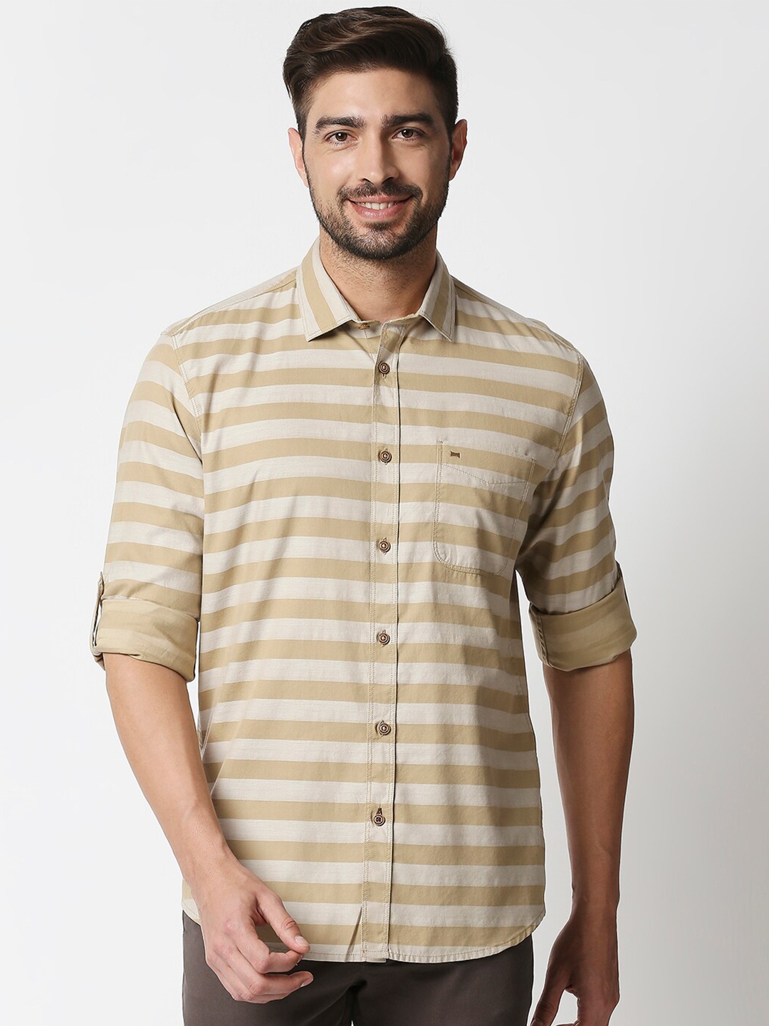 Buy Basics Men Striped Slim Fit Horizontal Striped Cotton Casual Shirt ...
