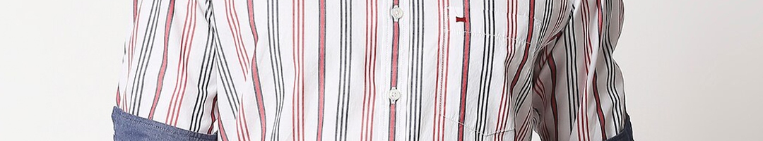 Buy Basics Men White & Red Slim Fit Striped Cotton Casual Shirt ...