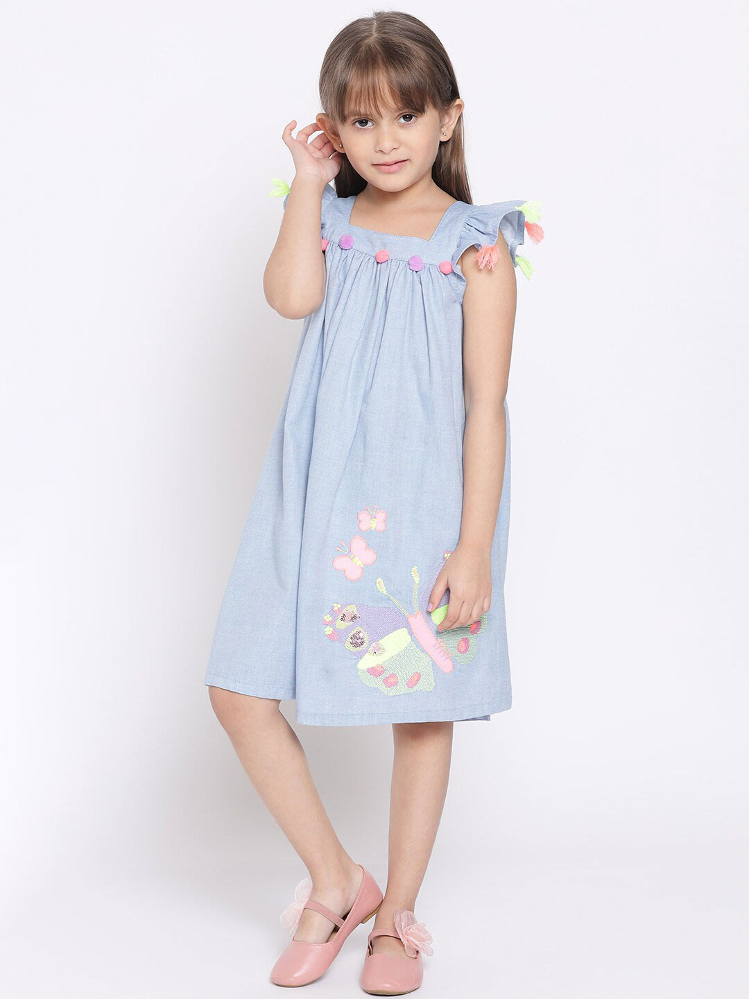 Buy Nauti Nati Girls Blue & Pink Embroidered Pure Cotton A Line Dress ...