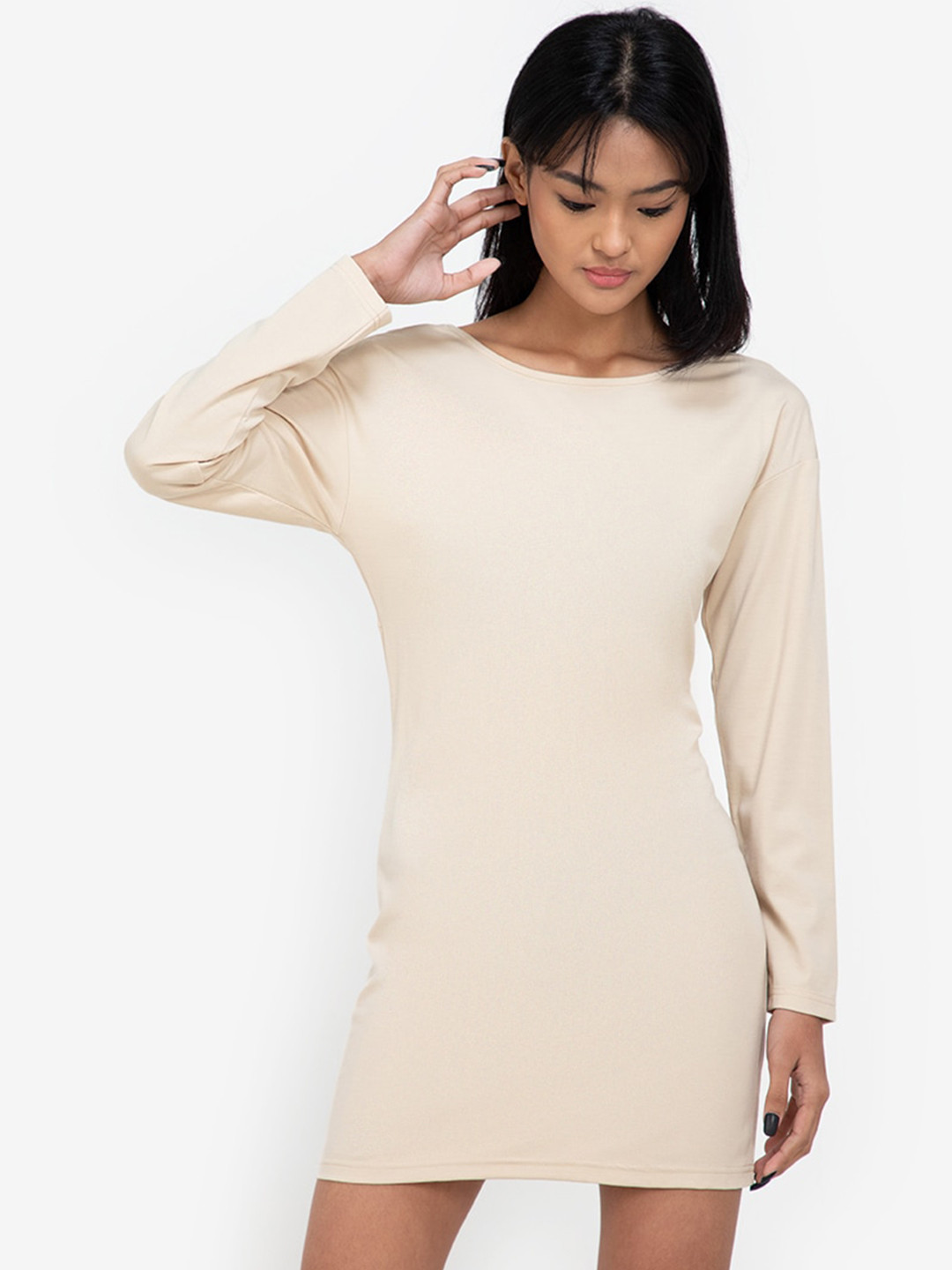 Buy ZALORA BASICS Women Beige Solid Jersey Twist Back T Shirt Dress