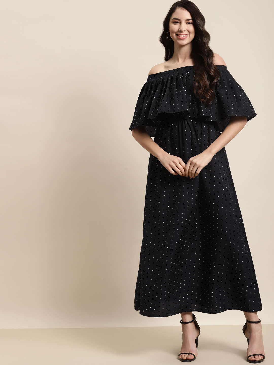 Buy Qurvii Black And White Off Shoulder Layered Crepe Maxi Dress Dresses For Women 16786410 Myntra 1658