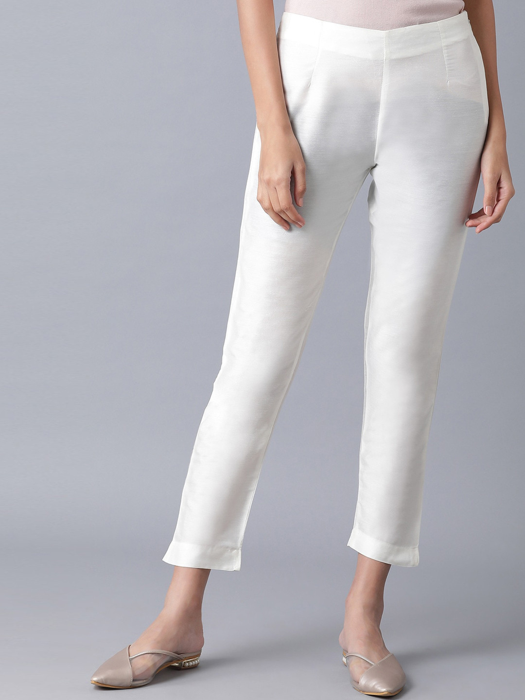 Buy W Women White Slim Fit Cropped Trousers Trousers for Women
