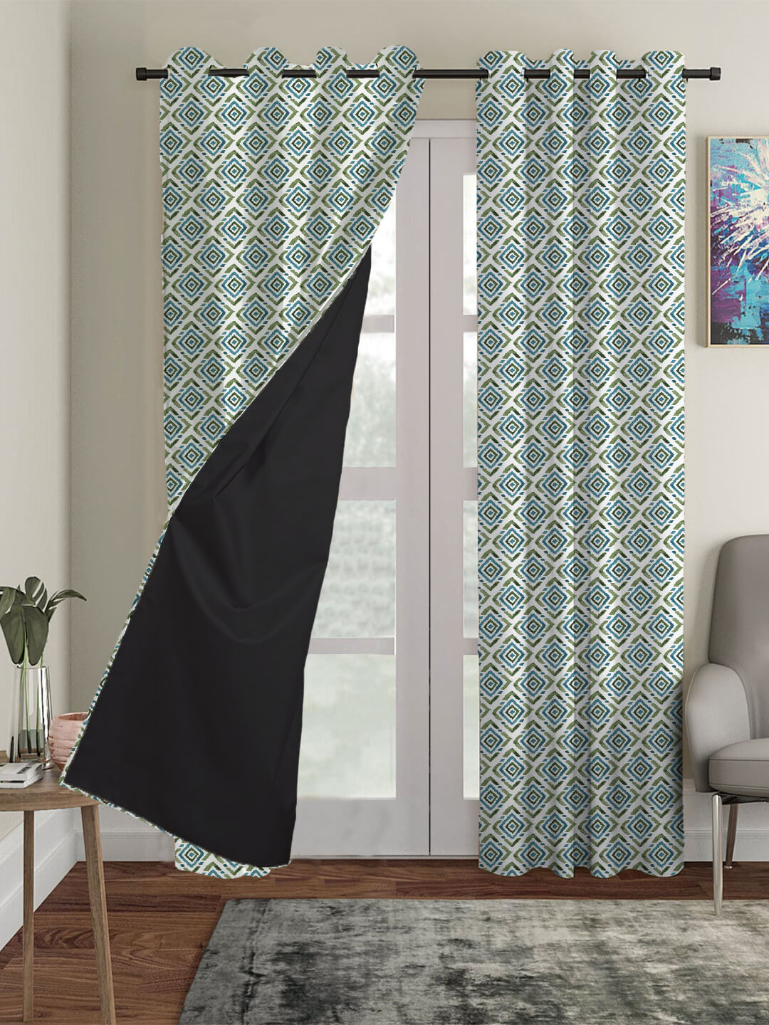 Buy HOUZZCODE Green & White Set Of 4 Printed Geometric Black Out Long Door Curtain Curtains