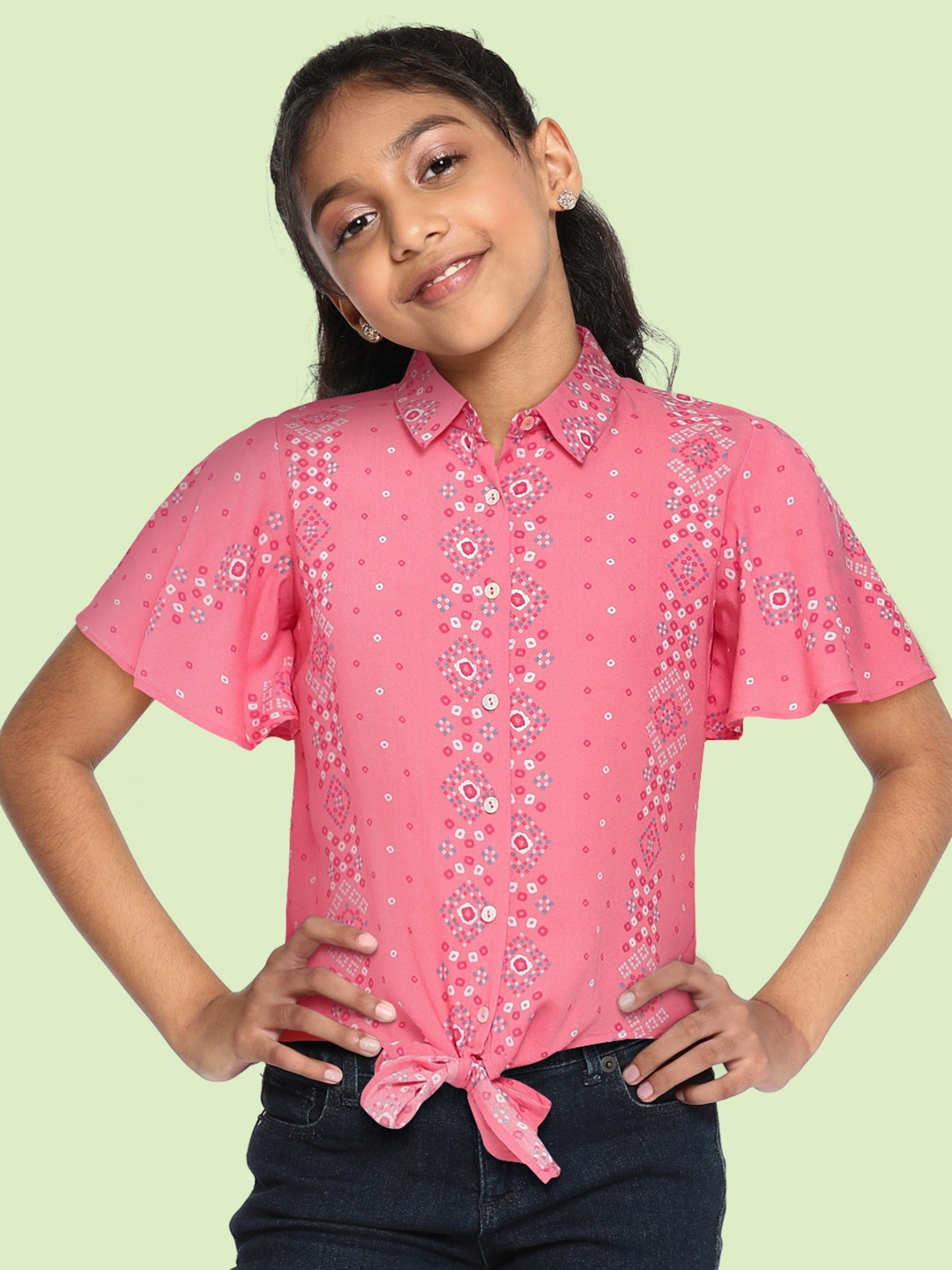 Buy Global Desi Girls Pink Ethnic Printed Shirt Style Top - Tops for ...