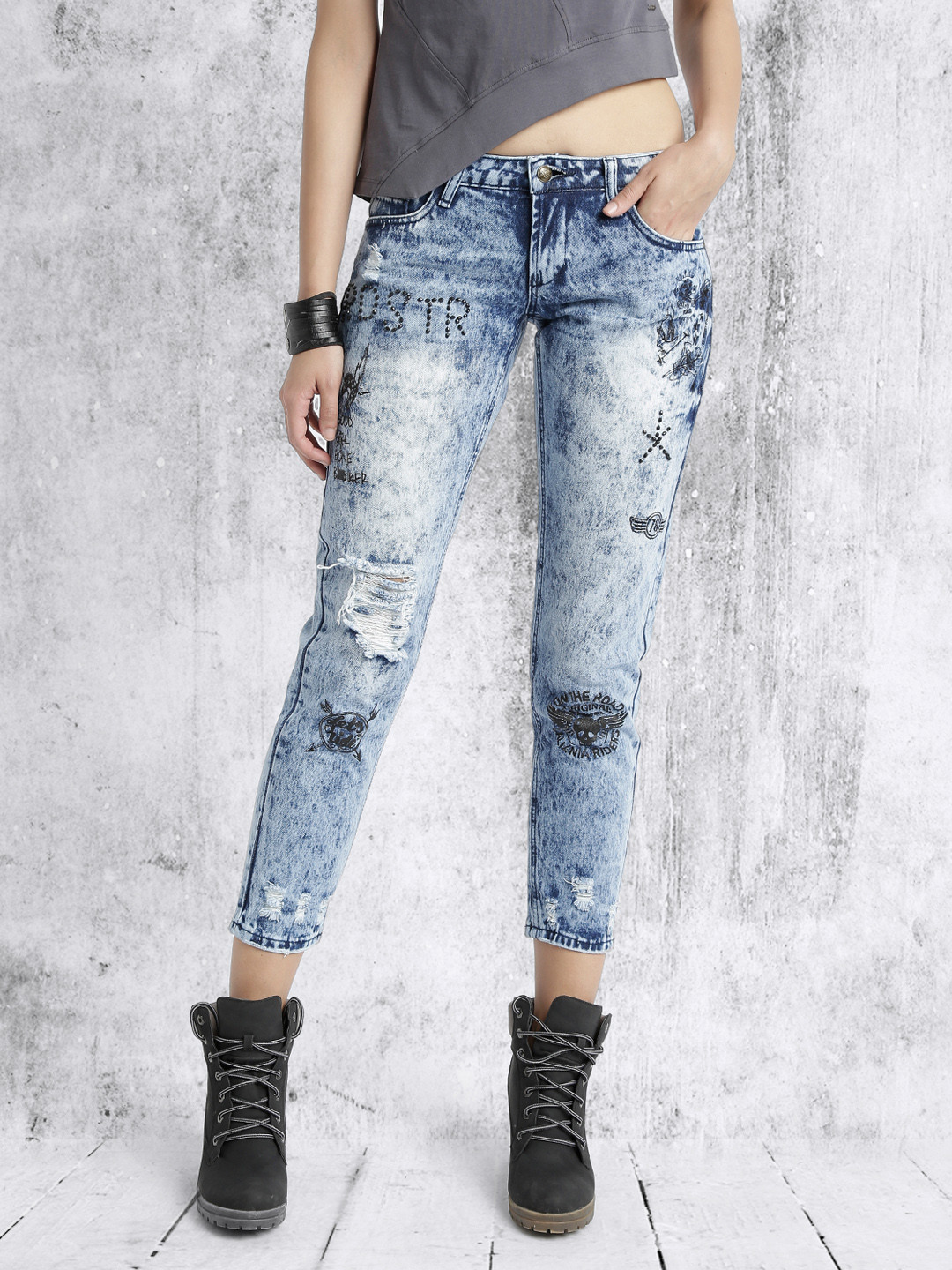 Buy Roadster Women Blue Slim Fit Low Distress Acid Wash Jeans Jeans