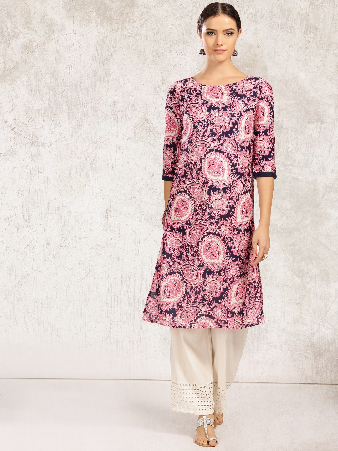 Buy Anouk Women Pink & Navy Printed Straight Kurta - Kurtas for Women 1681434 | Myntra
