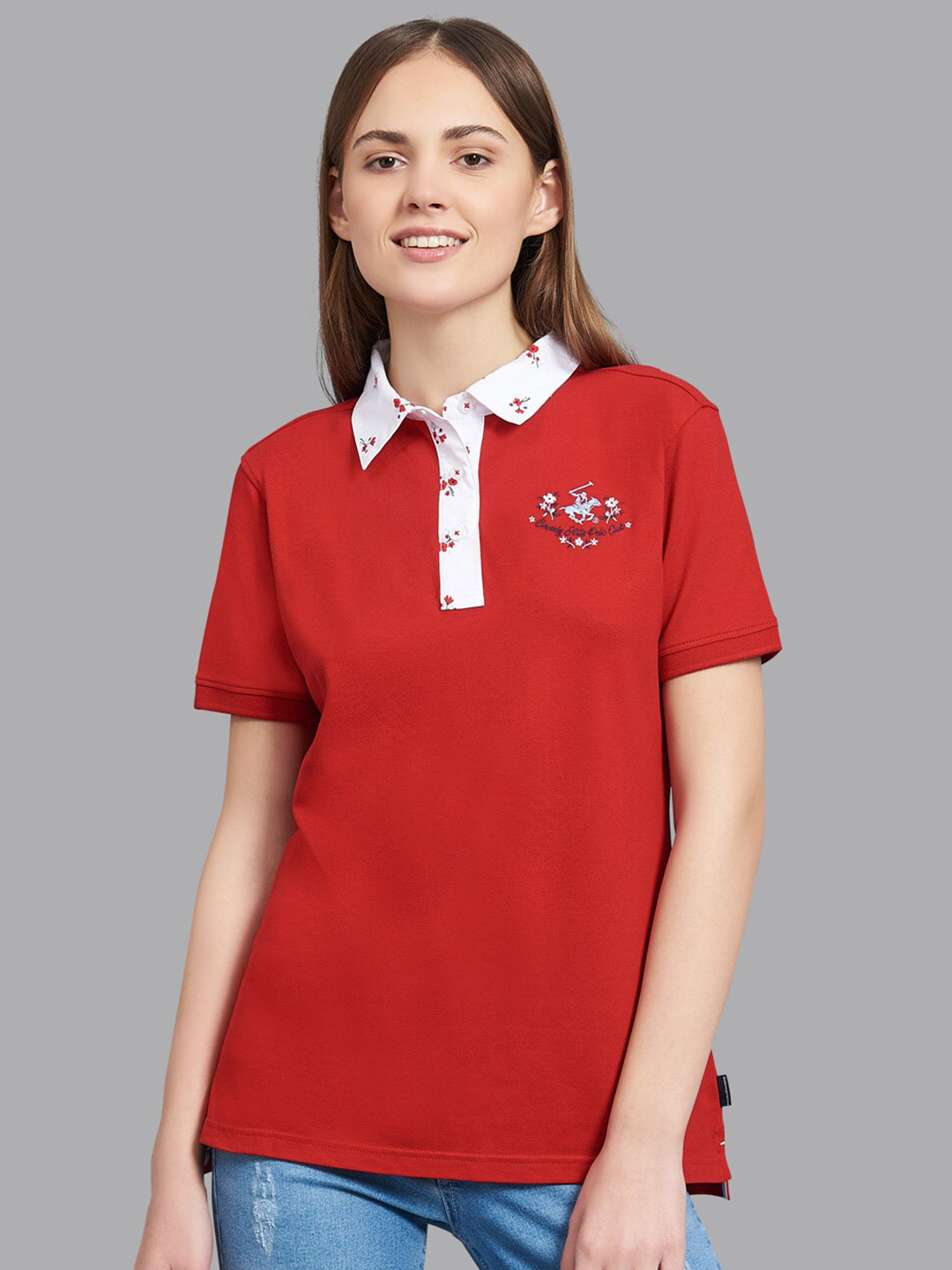 Buy Beverly Hills Polo Club Women Red & White Polo Collar T Shirt