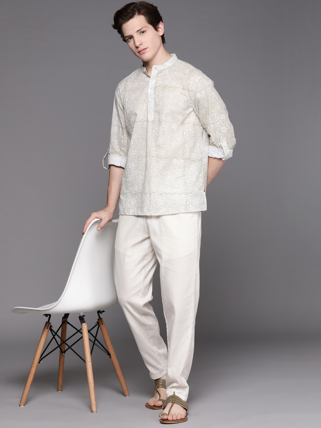 Buy Fabindia Men Grey & Off White Handblock Print Pure Cotton Kurta