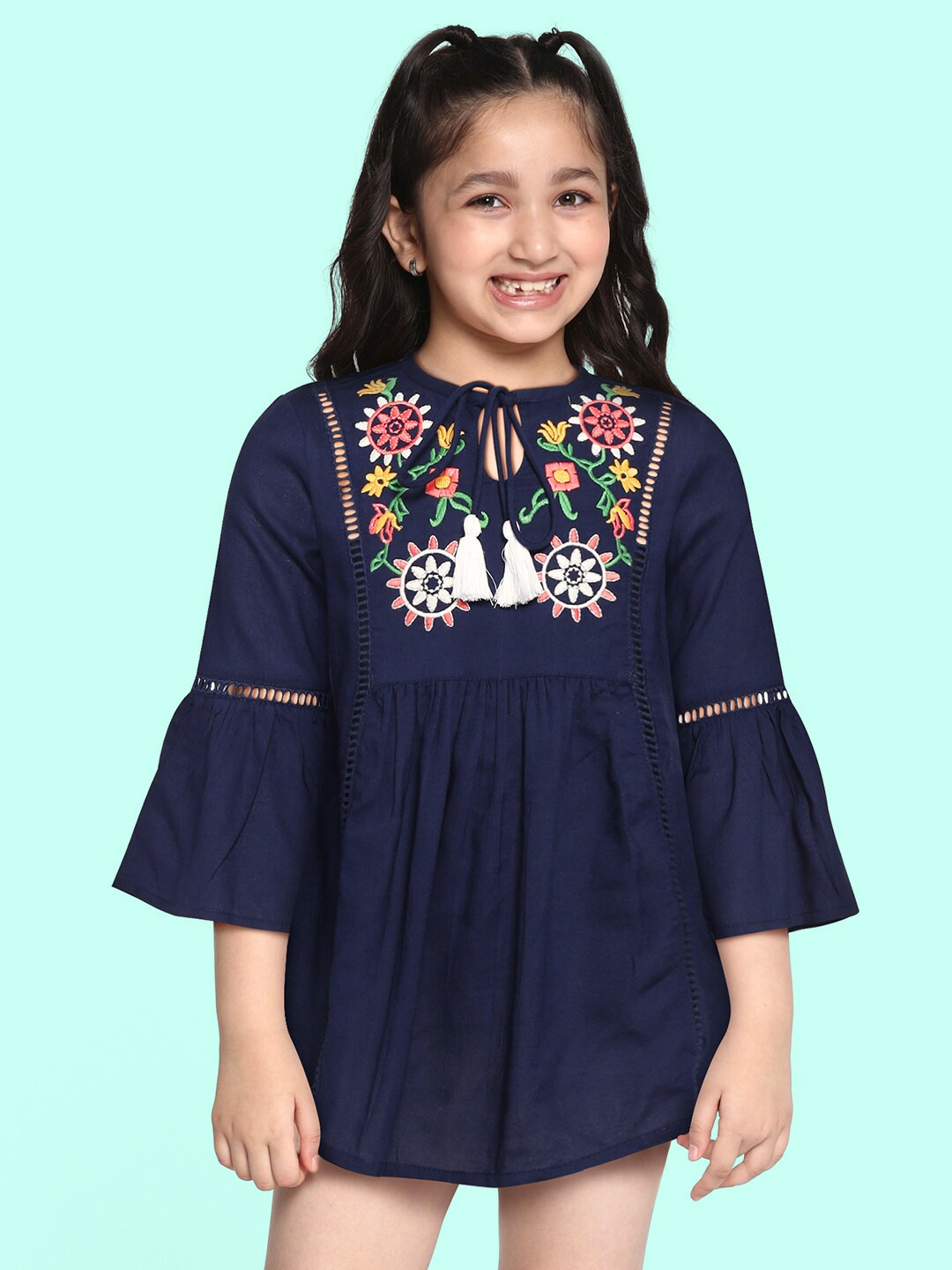Buy Bella Moda Blue Floral Embroidered A Line Dress - Dresses for Girls ...