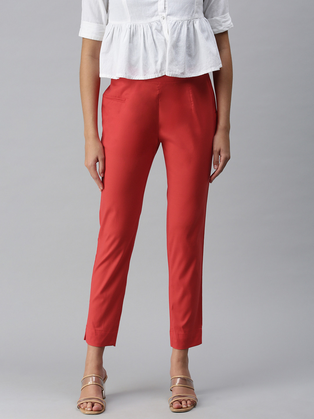 Buy ETIQUETTE Women Rust Red Solid Smart Casual Trousers Trousers for