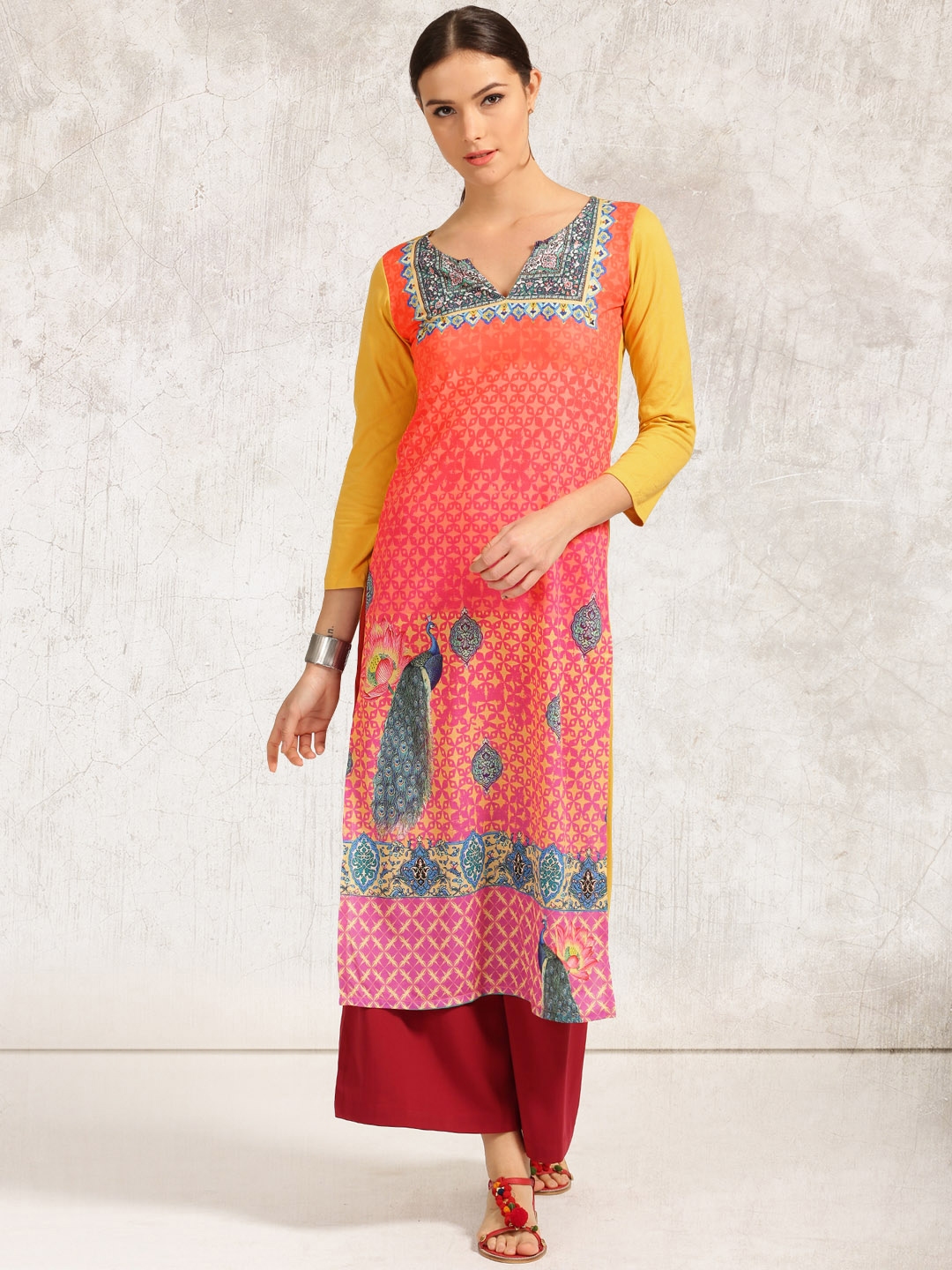 Buy Anouk Women Pink & Yellow Printed Straight Kurta - Kurtas for Women ...