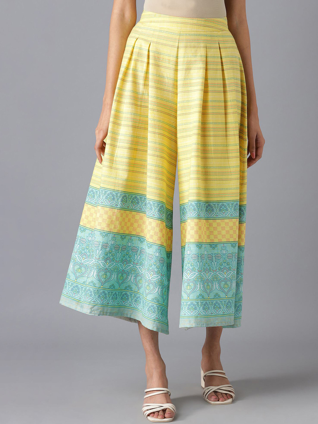 Buy AURELIA Women Yellow Ethnic Motifs Printed Loose Fit Culottes Trousers - Trousers for Women 