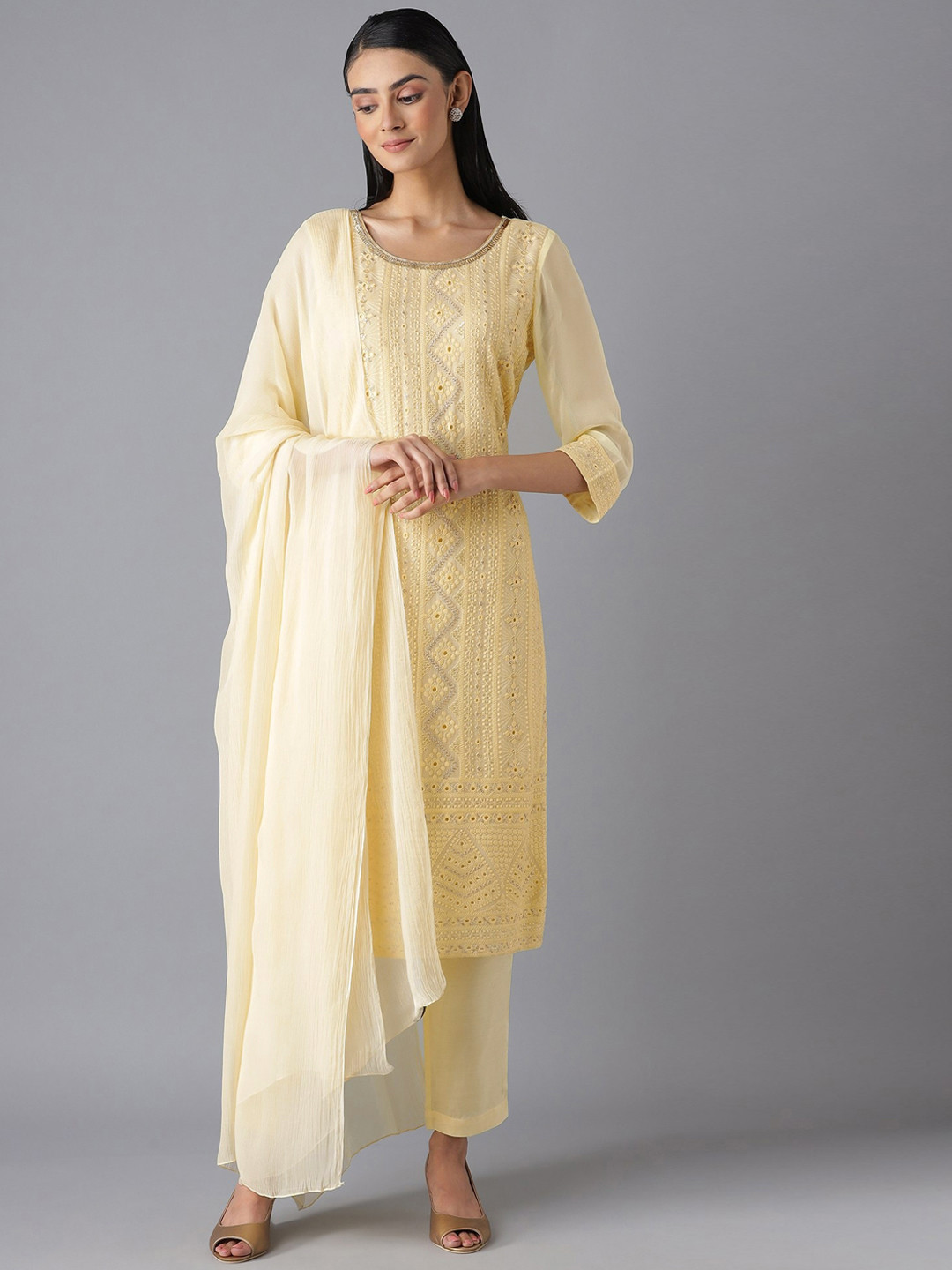 Women Yellow Straight Embroidered Kurta Trousers With Dupatta Set main image 1