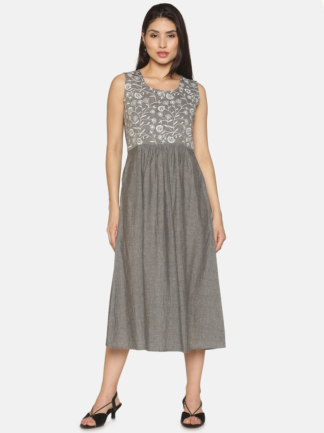 Buy Saffron Threads Grey & White Floral Embroidered Pure Cotton Fit