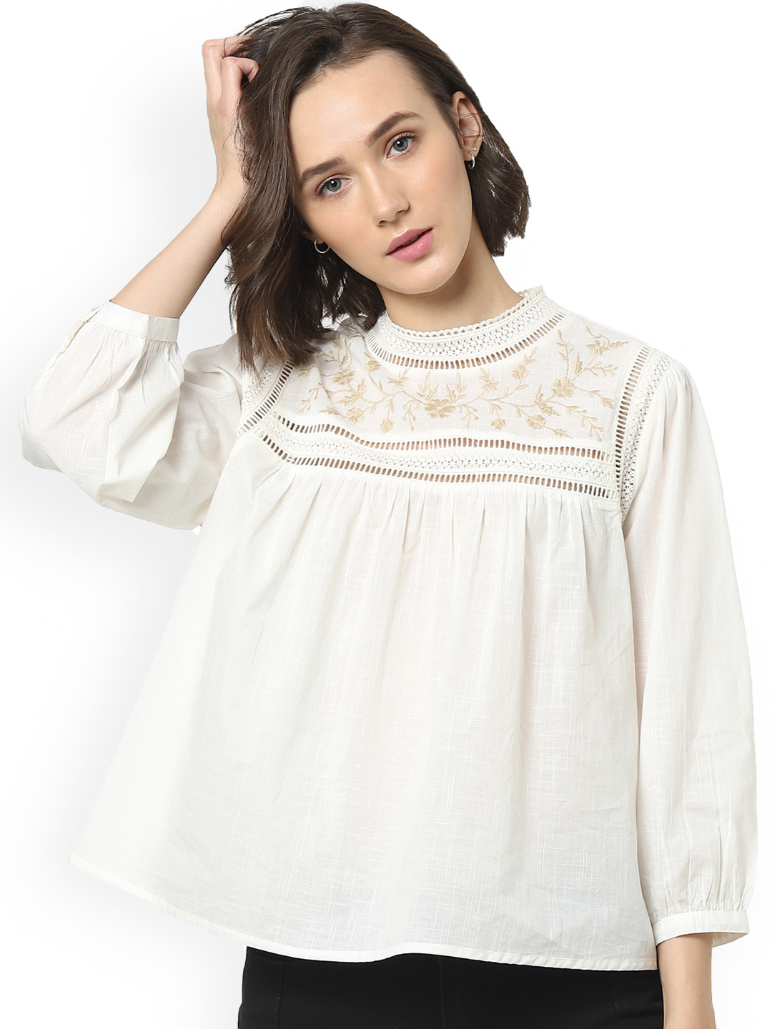 Buy ONLY White Floral Embroidered Pure Cotton Empire Top Tops for