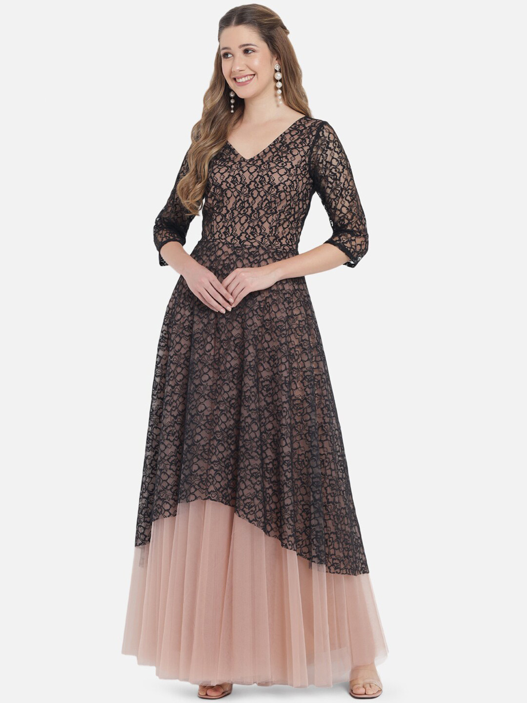 Women Black Floral Solid Net Maxi Dress