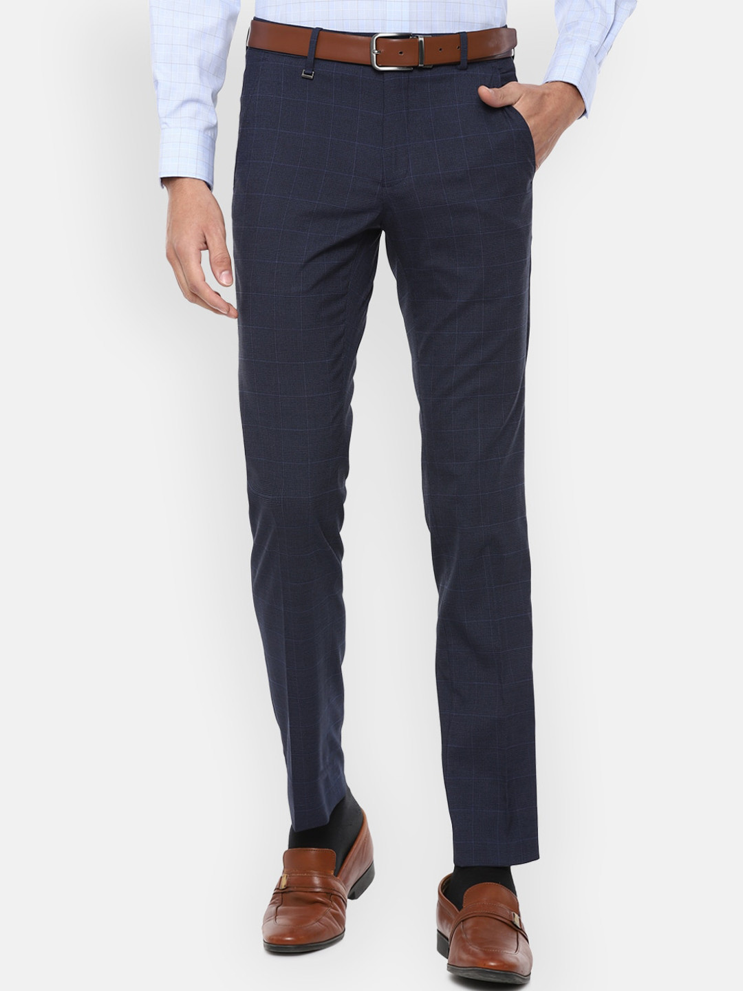 Buy Van Heusen Men Navy Blue Checked Slim Fit Trousers - Trousers for ...