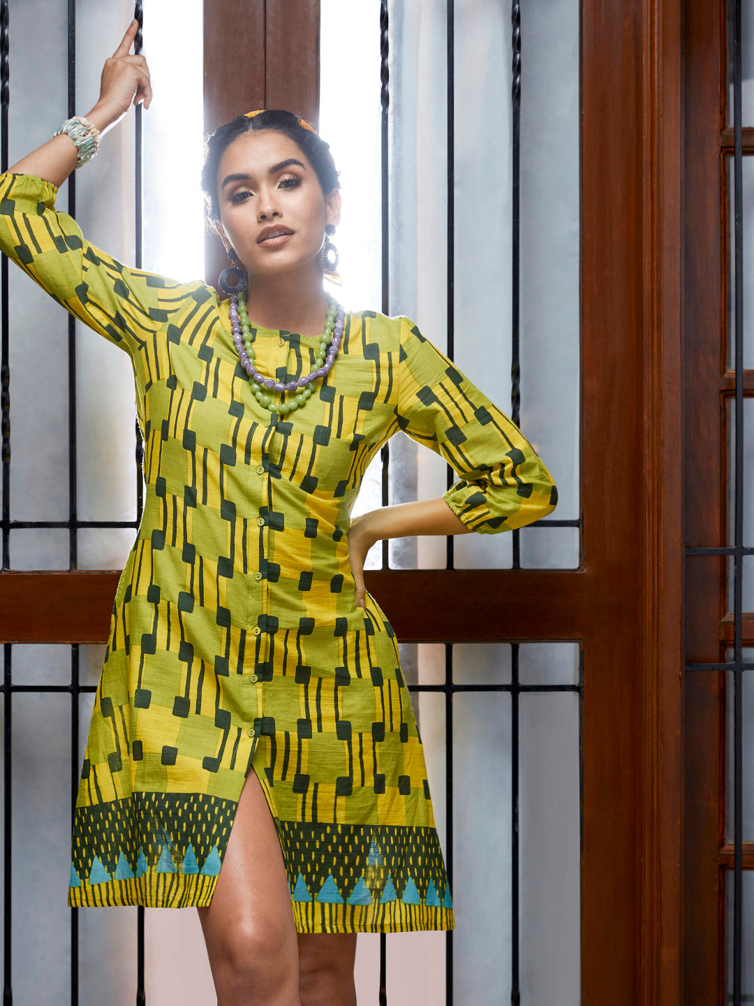 Women Grey Ethnic Motifs Printed Shirt Collar Cotton A-Line Dress