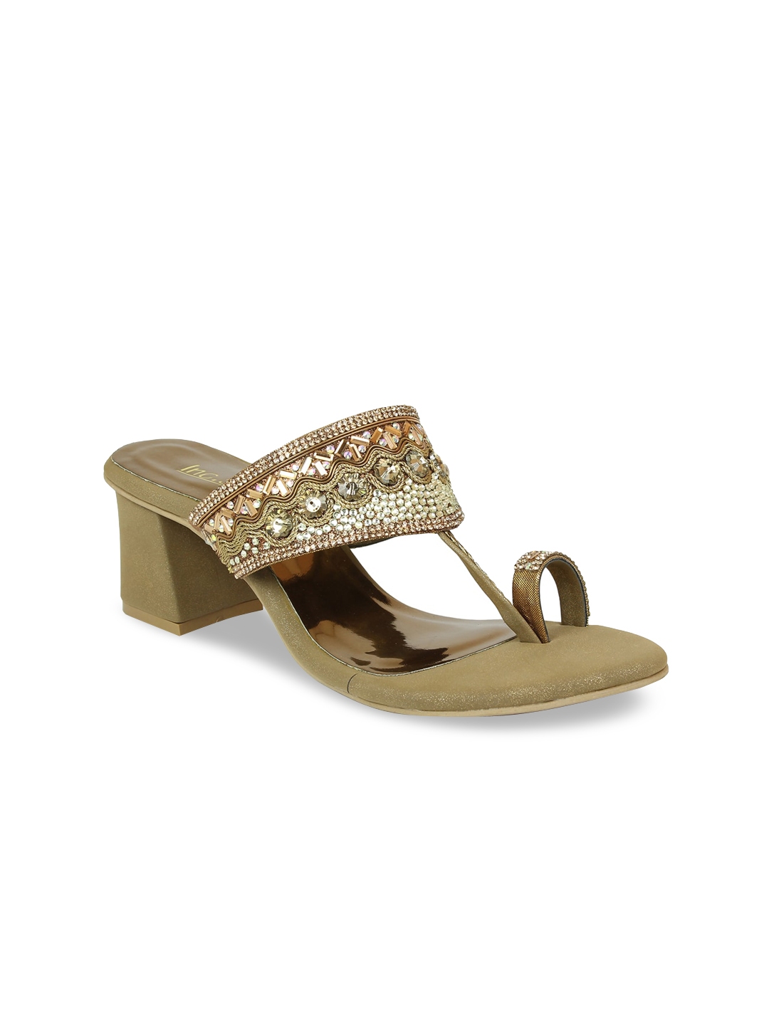 Buy Inc 5 Gold Toned Embellished Ethnic Block Sandals - Heels for Women ...
