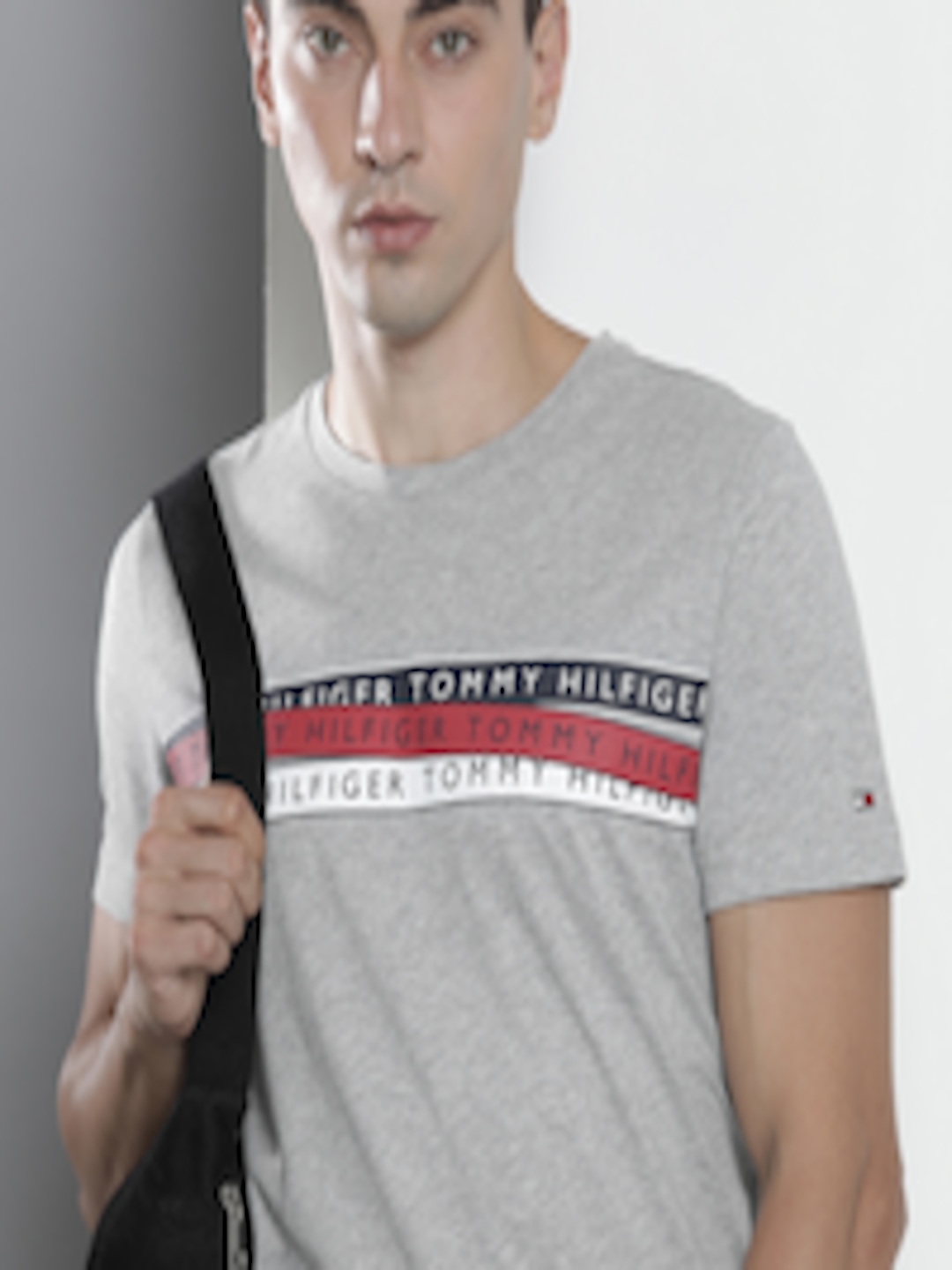 Buy Tommy Hilfiger Men Grey Brand Logo Printed Pure Cotton T Shirt ...