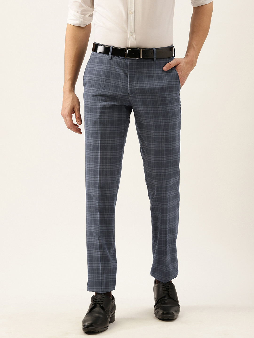 Buy Peter England Men Grey & White Checked Slim Fit Trousers Trousers