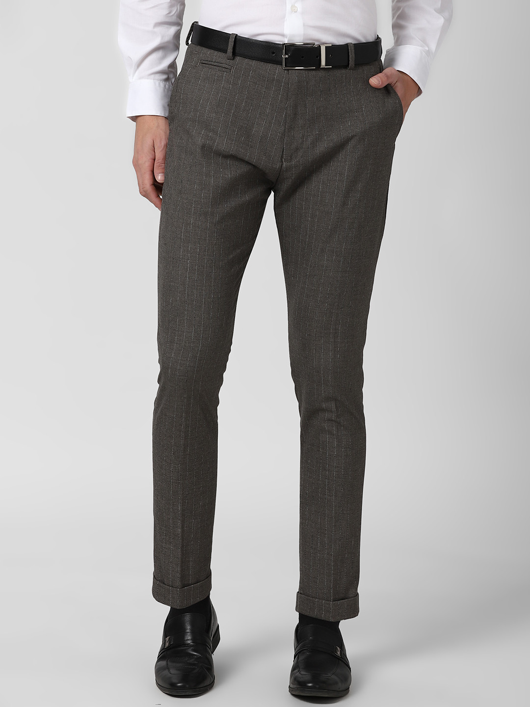Buy Peter England Men Grey Striped Formal Trousers Trousers for Men