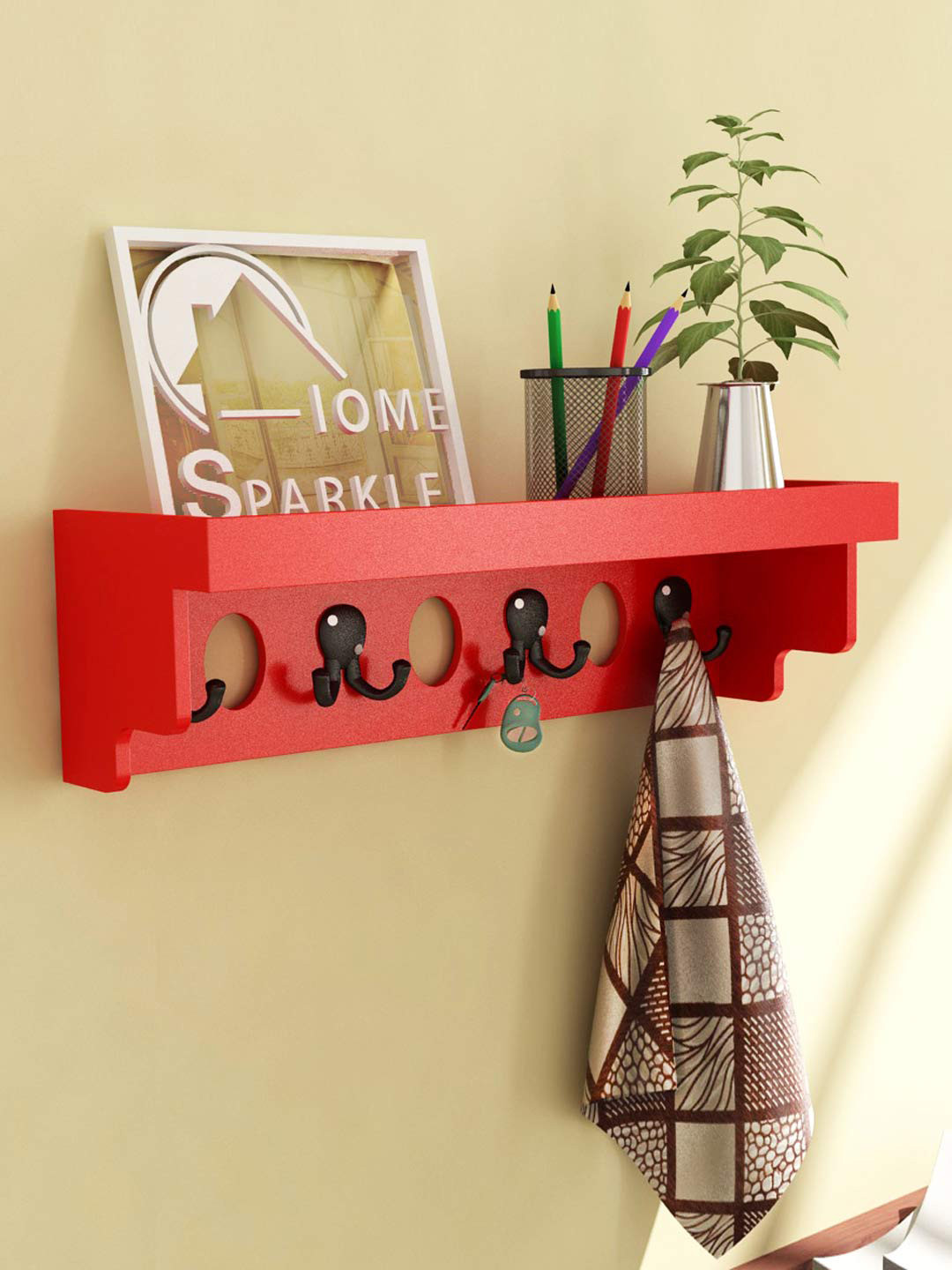 Buy Home Sparkle Red Wall Shelf With Hooks Wall Shelves for Unisex