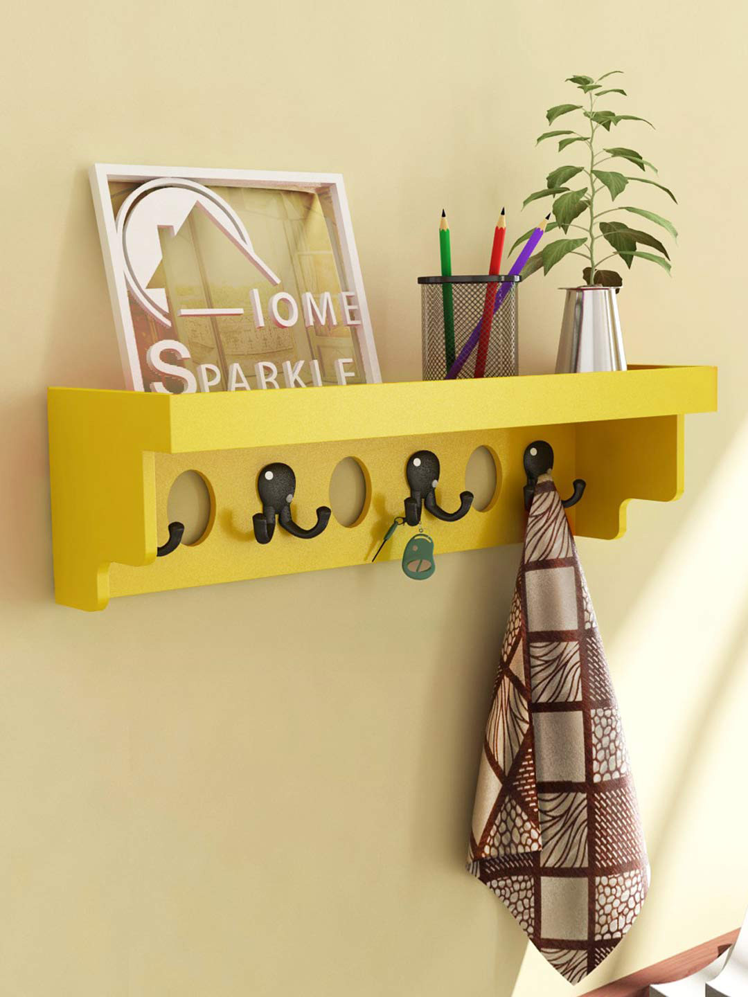 Buy Home Sparkle Yellow Wall Shelf With Hooks Wall Shelves for Unisex