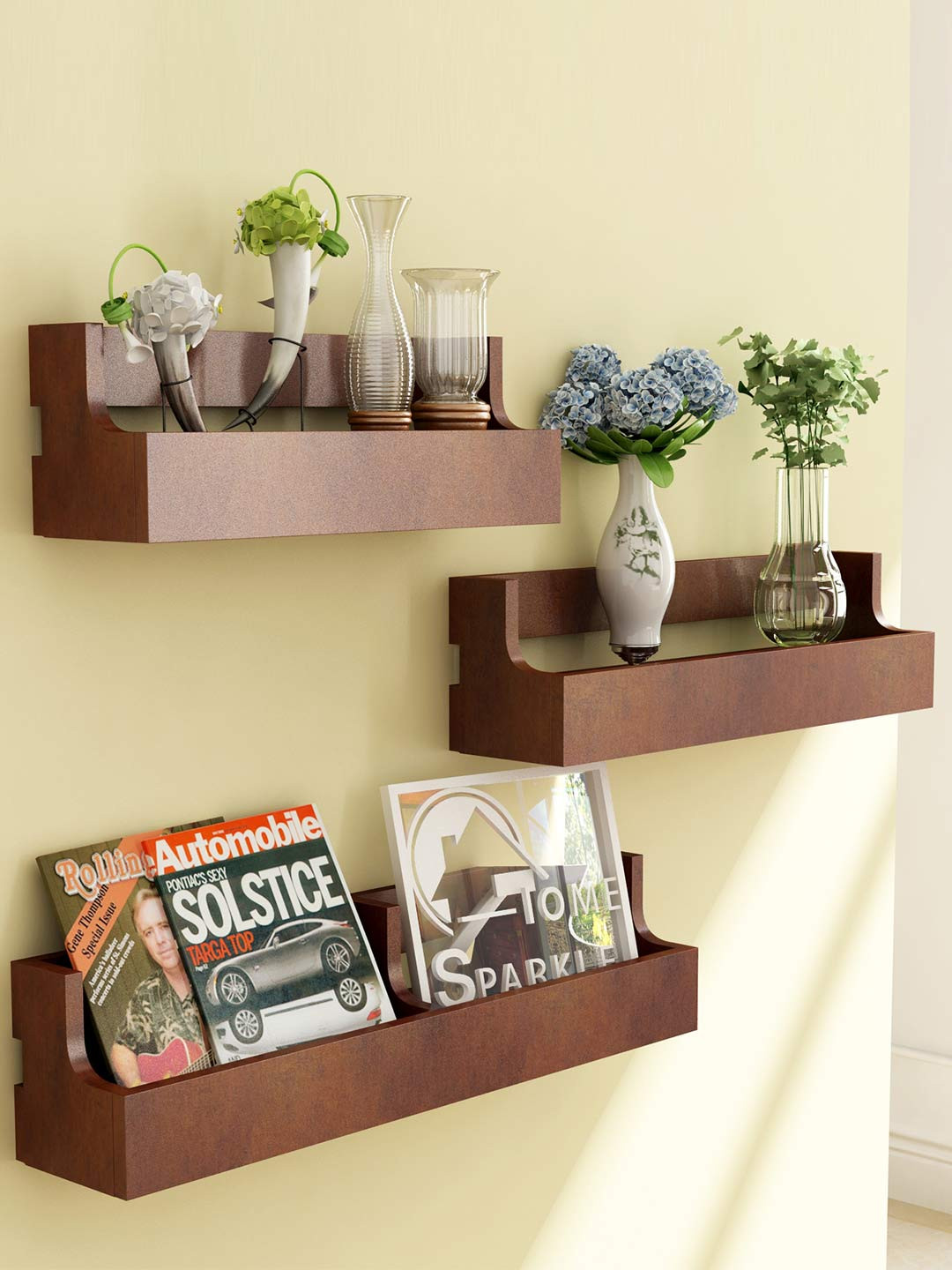 Buy Home Sparkle Set Of 3 Brown Wall Shelves Wall Shelves for Unisex