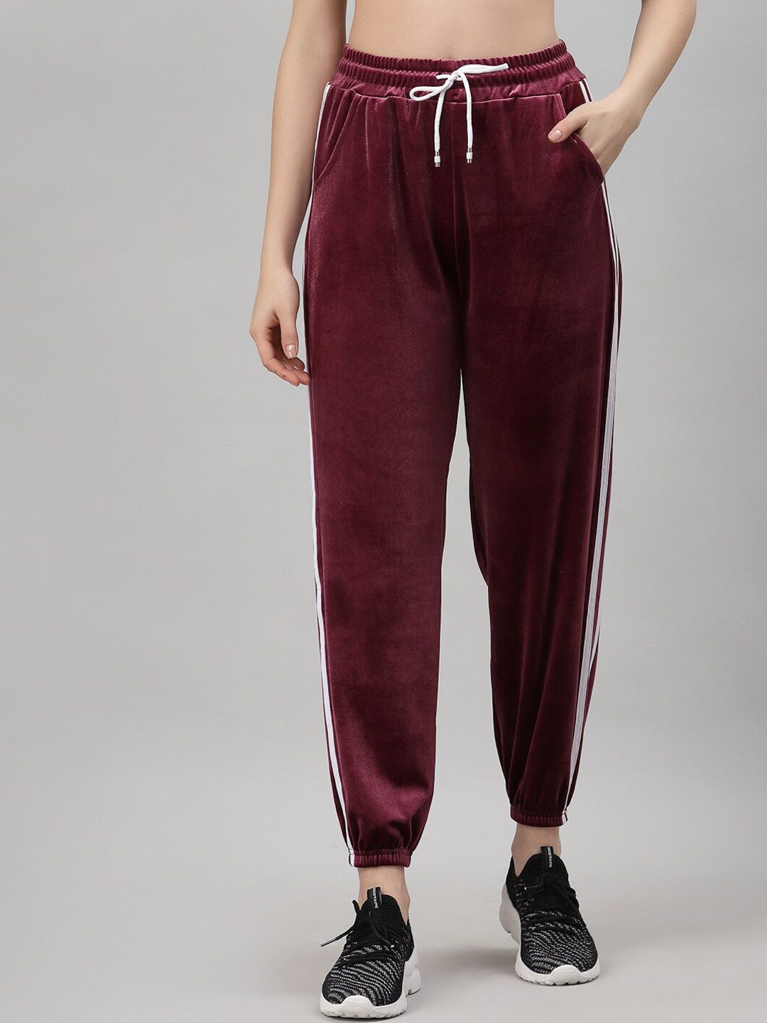 Buy NEUDIS Women Wine Solid Velvet Finish Cargo Track Pants Track