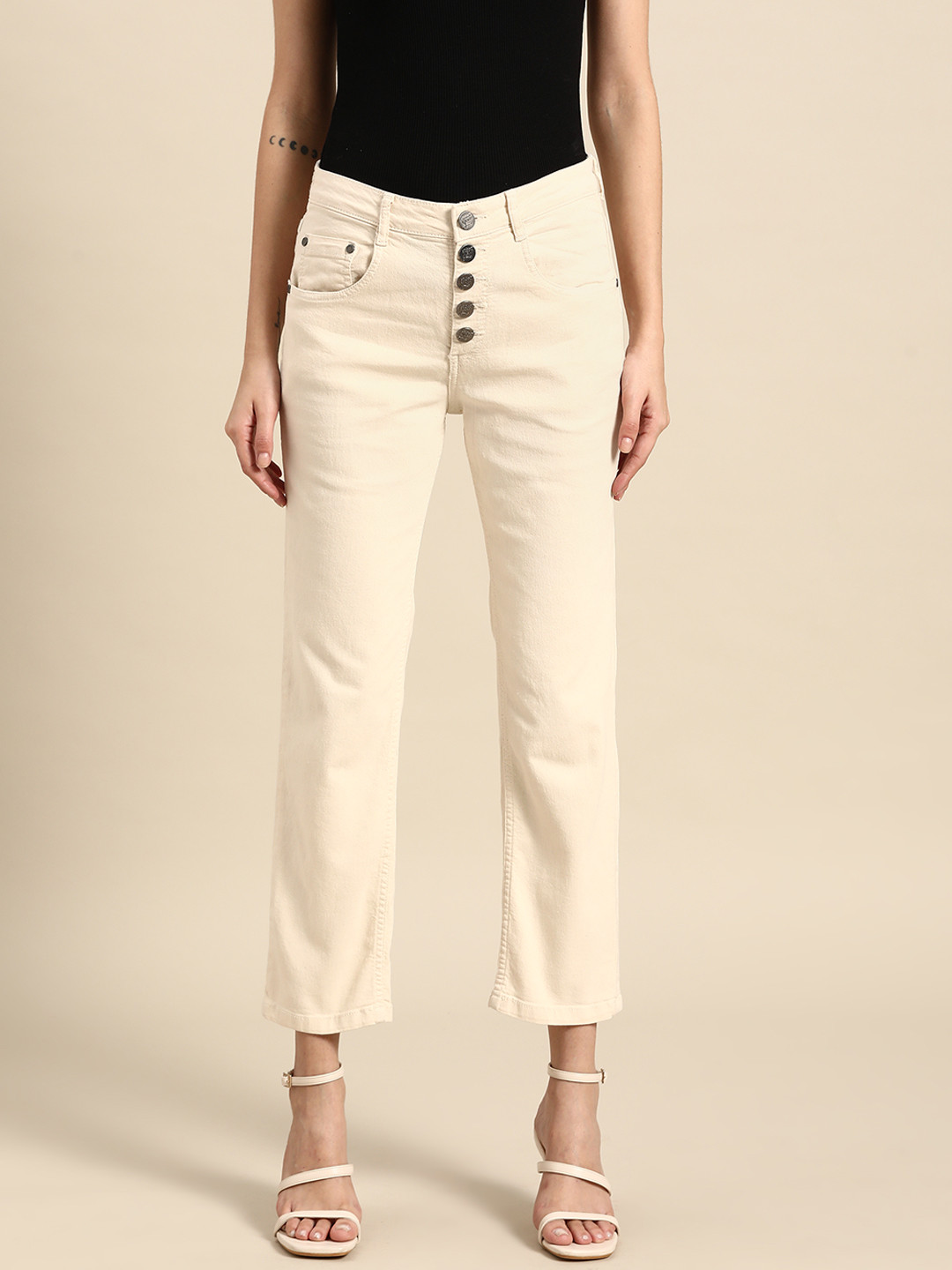 Buy All About You Women Cream Coloured Straight Fit Stretchable Jeans