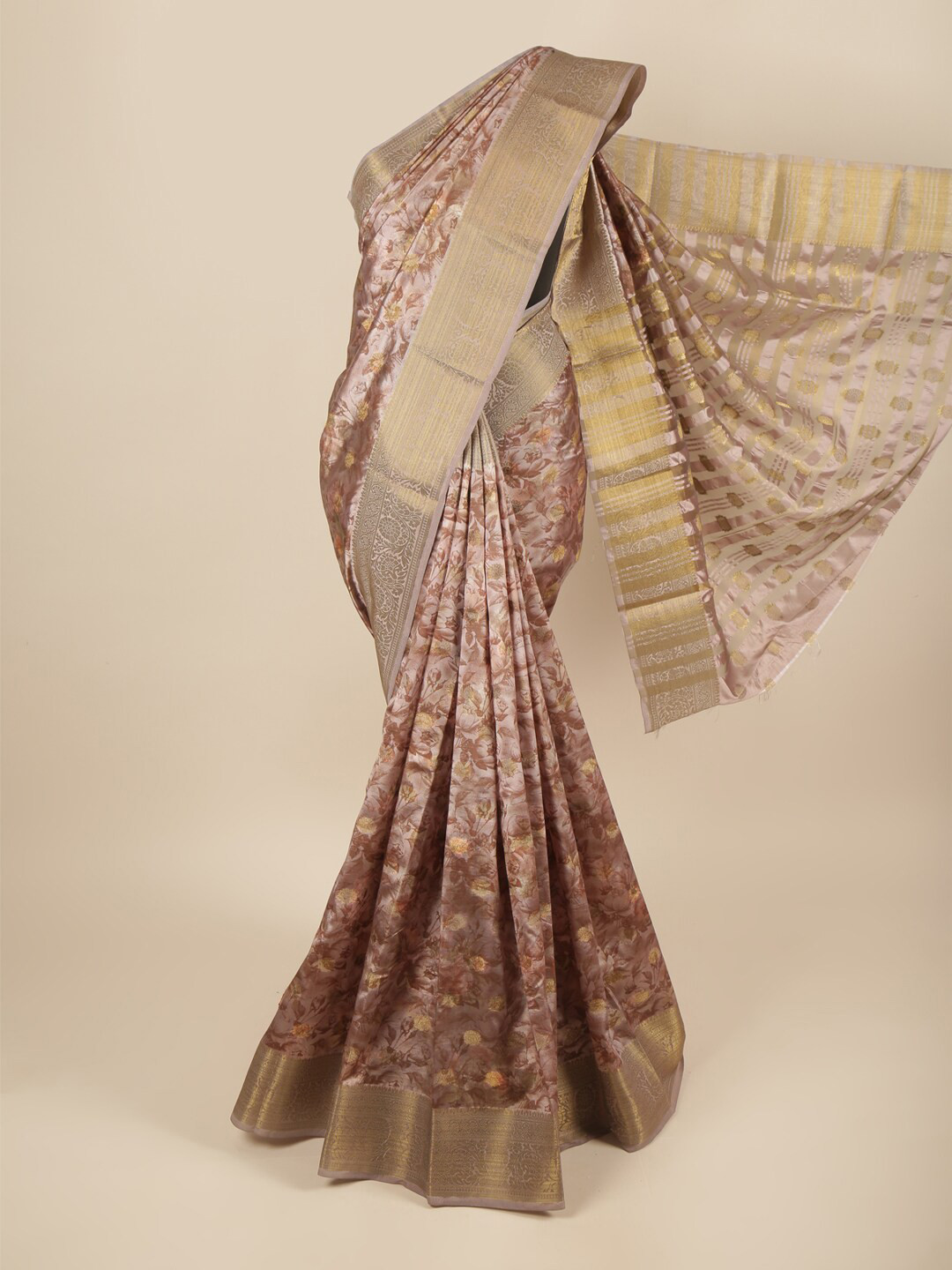 Buy Pothys Mauve & Gold Toned Floral Zari Art Silk Saree Sarees for