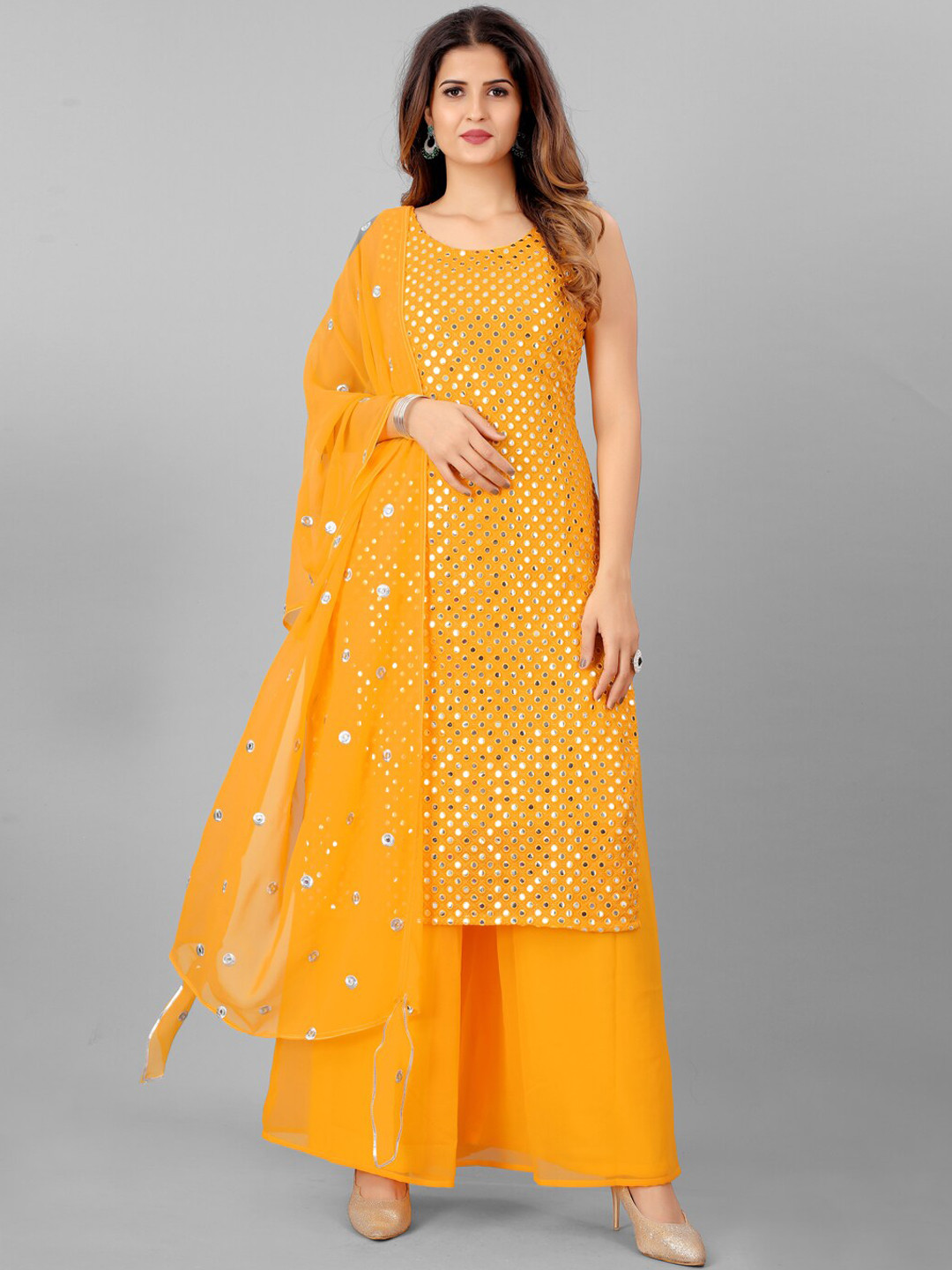 Buy SHOPGARB Women Mustard Yellow Embroidered Mirror Work Kurta With