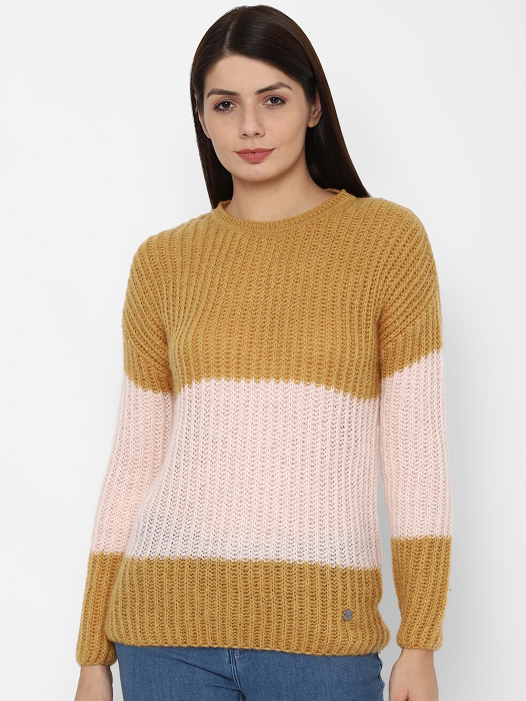 Buy Allen Solly Woman Women Yellow & Pink Colourblocked Pullover ...