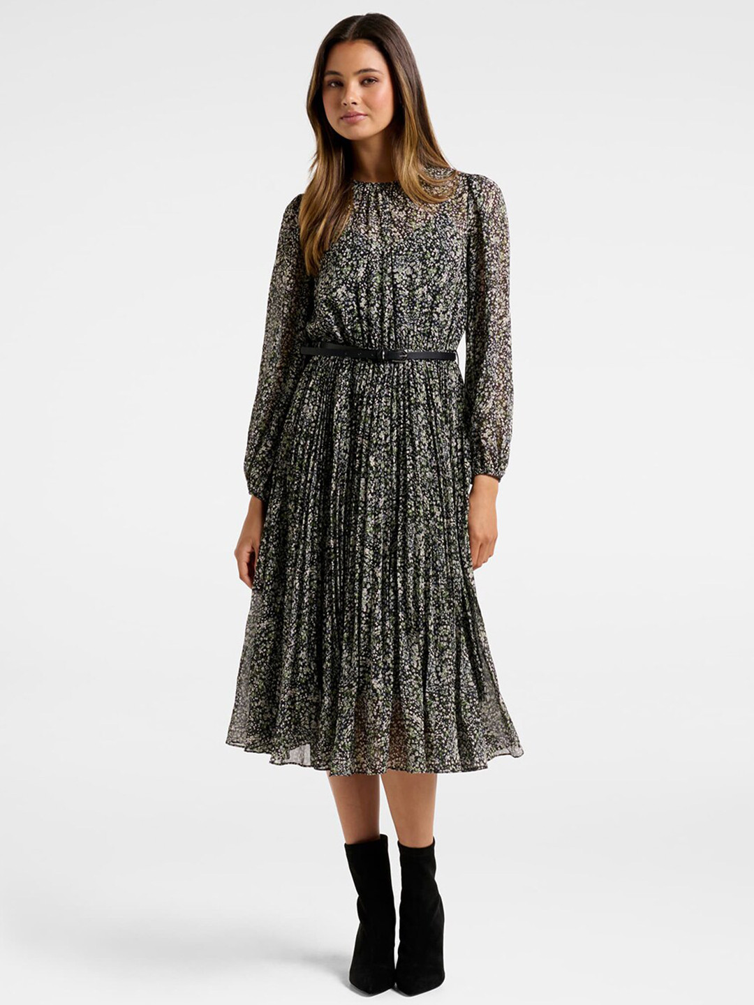 Midi dress - FOREVERMORE grey black - Romantic flower and heart print