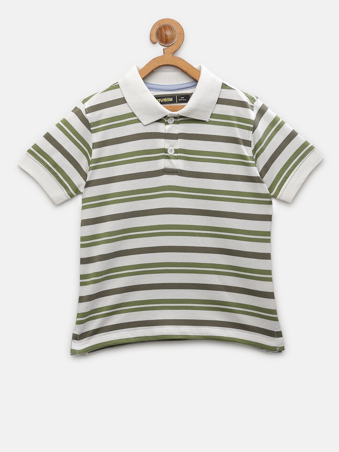 Buy NYNSH Boys Olive Green Striped Polo Collar Pure Cotton T Shirt ...