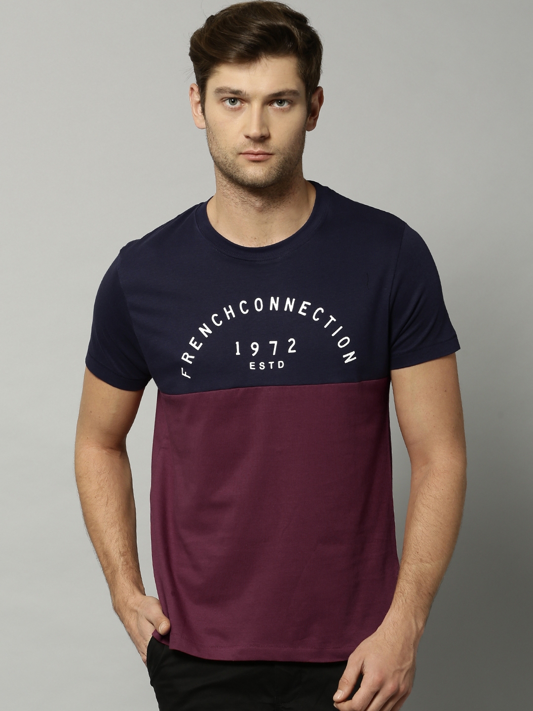Buy French Connection Men Burgundy & Navy Colourblocked T Shirt ...