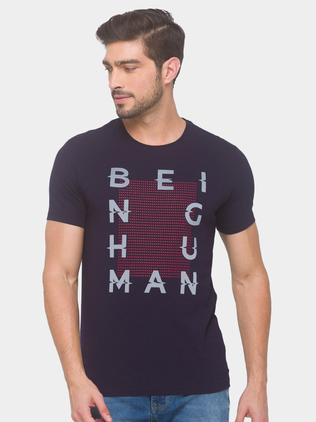 Buy Being Human Men Navy Blue & Grey Typography Printed T Shirt ...