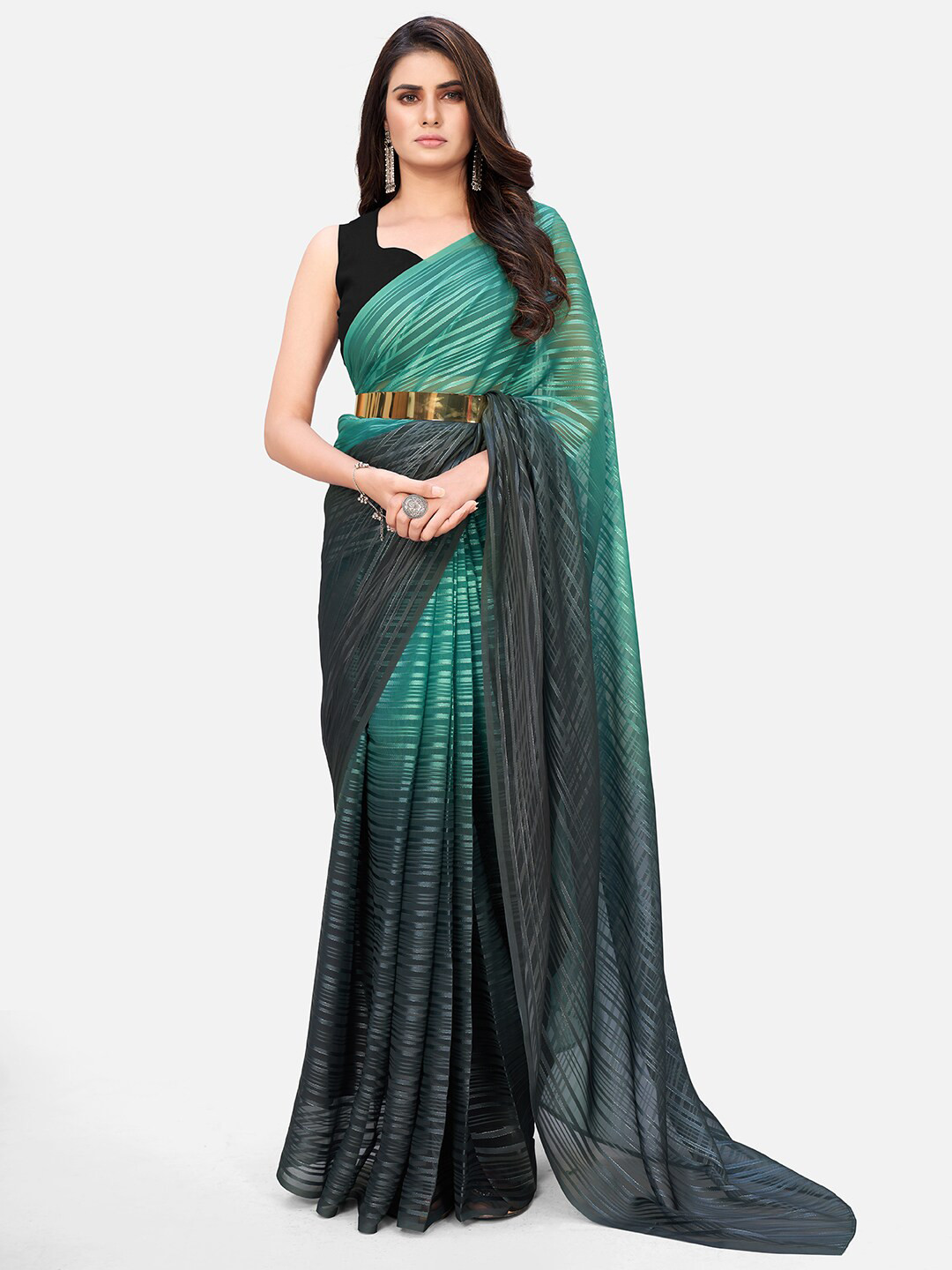 Teal and Black Stripes Muslin Saree