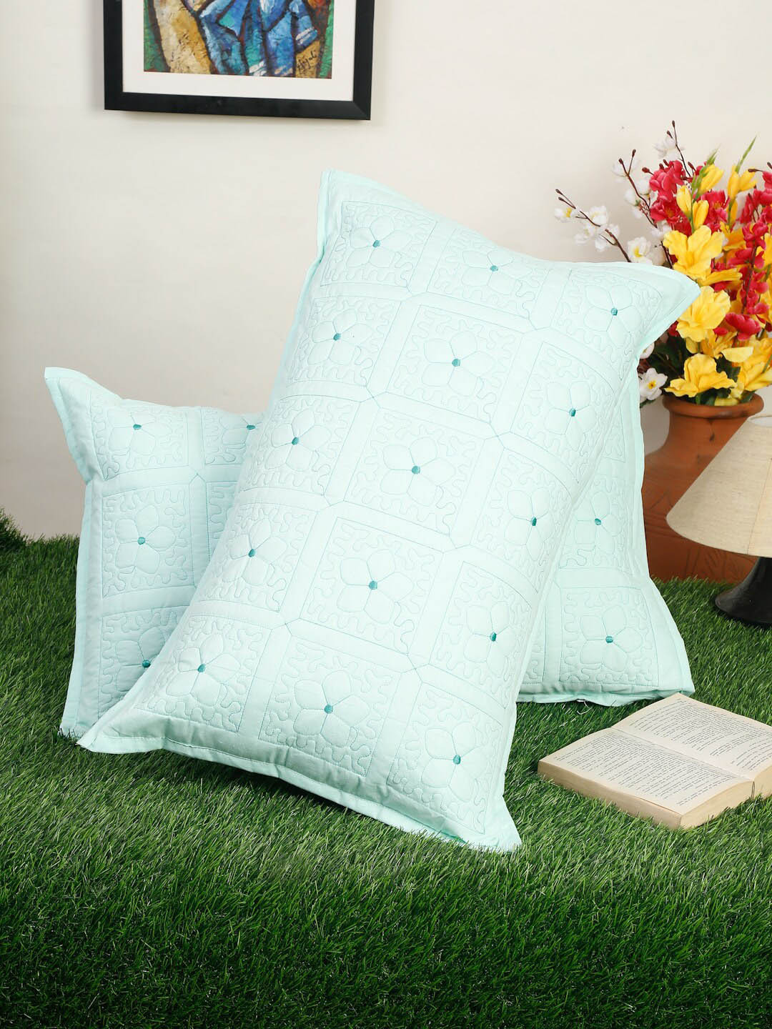 Buy HOSTA HOMES Set Of 2 Green Embroidered Cotton Pillow Covers