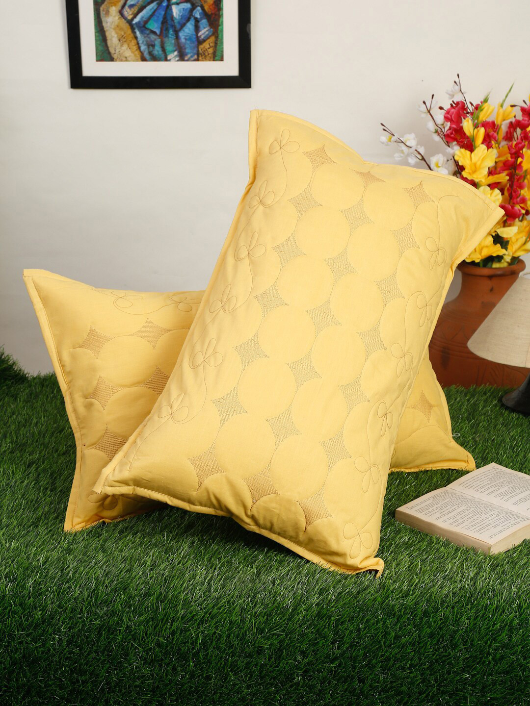 Buy HOSTA HOMES Set Of 2 Yellow Embroidered Pure Cotton Pillow Covers